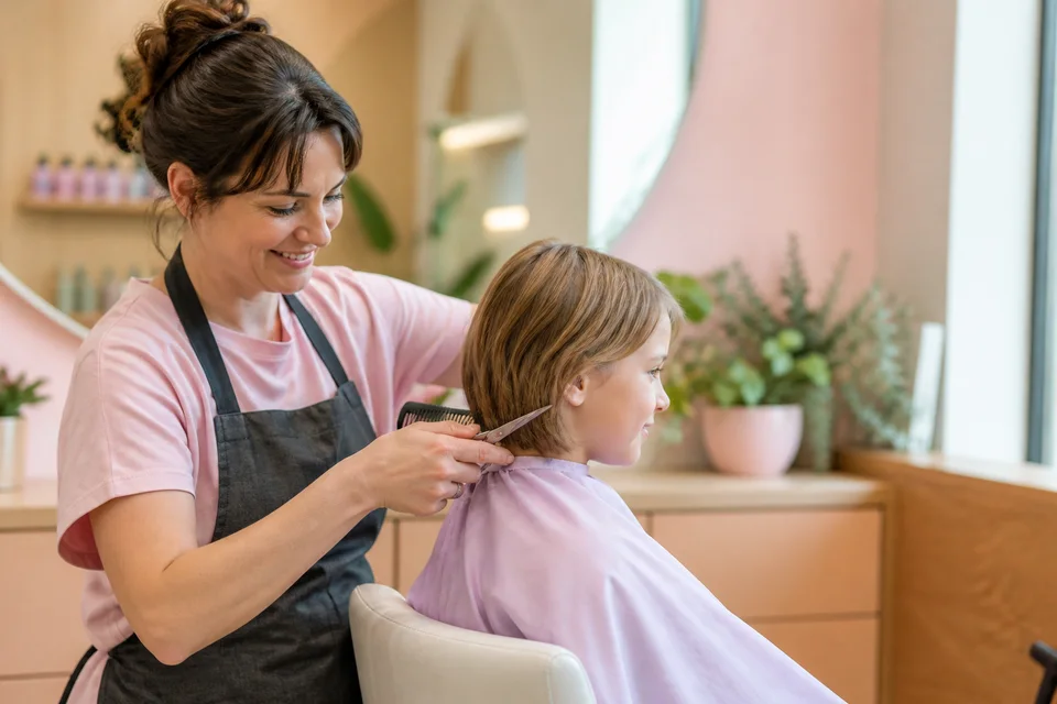 A stylist giving a child a gentle haircut in a warm salon